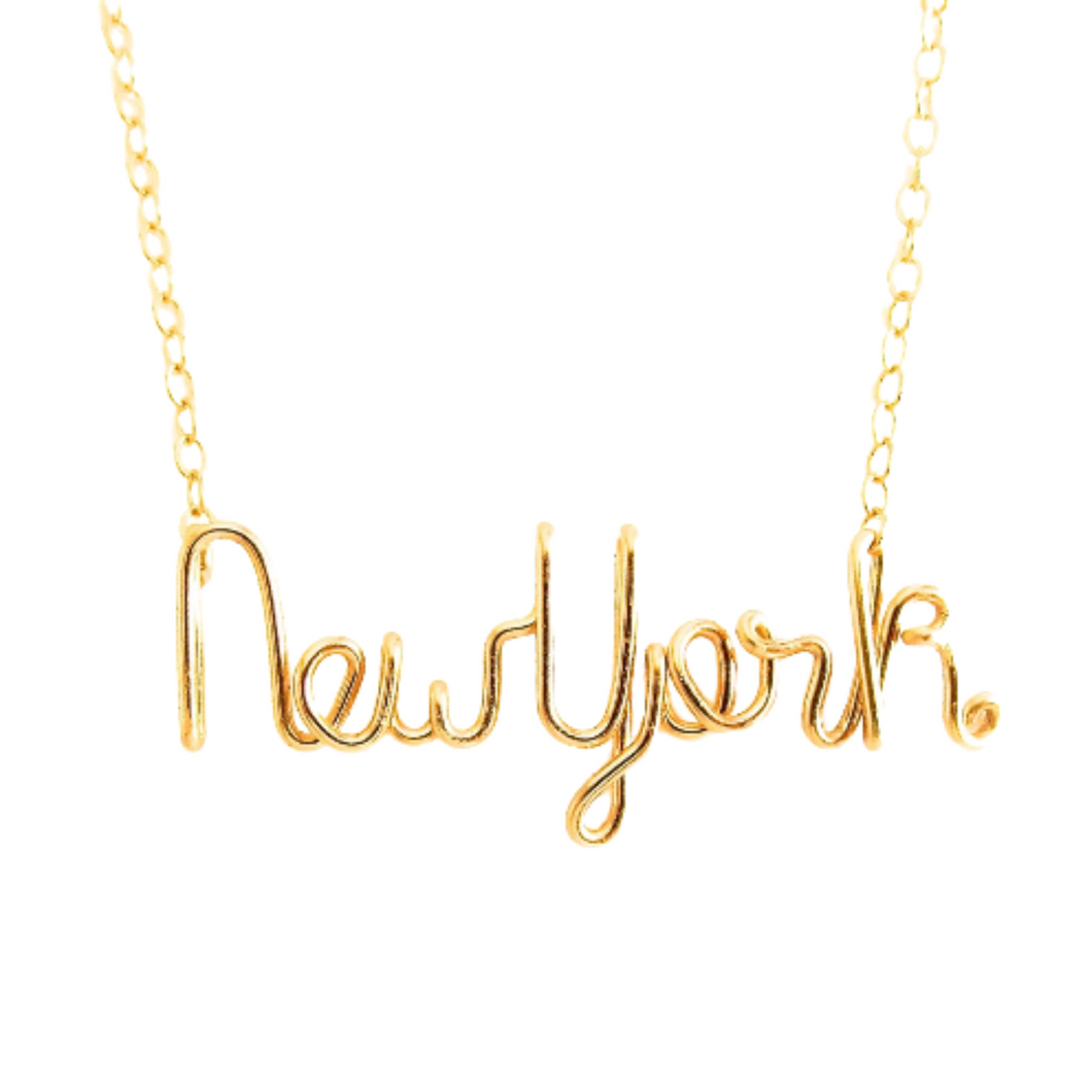 New York Necklace. Gold Script Brooklyn Wire Necklace. 14k Gold Filled NYC Necklace.