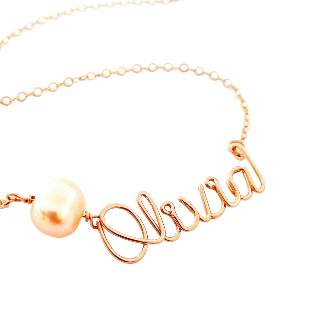 Custom Name Necklace with Pearl. 14k Rose Gold Filled Custom Freshwater Pearl Personalized Name Necklace. Pearl Script Name.