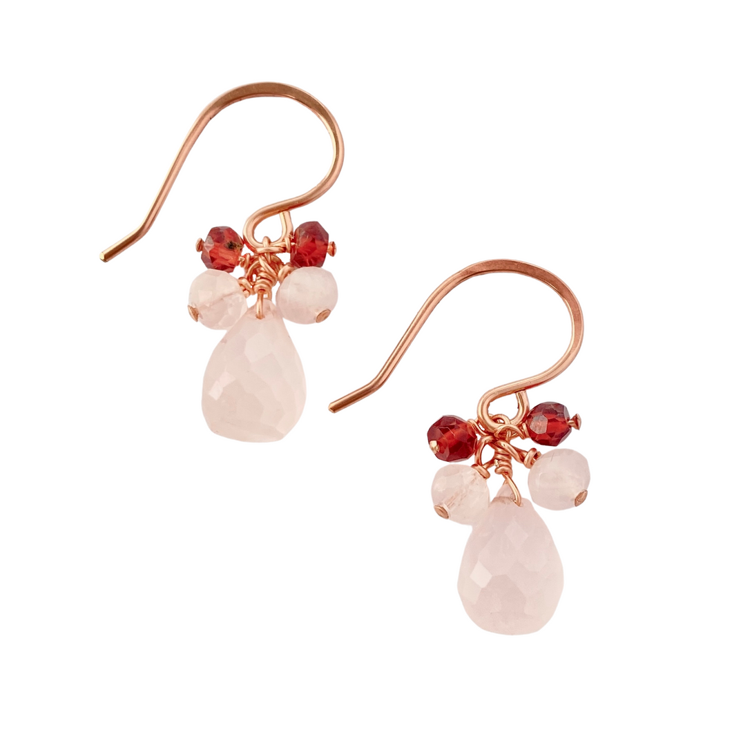Rose Quartz and Garnet Earrings. Small Cute Faceted Pink Drop Earrings.