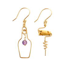 Load image into Gallery viewer, Wine Lovers Earrings with Grape. Wine Bottle Cork Screw Earrings with Real Amethyst. Gold Earrings.
