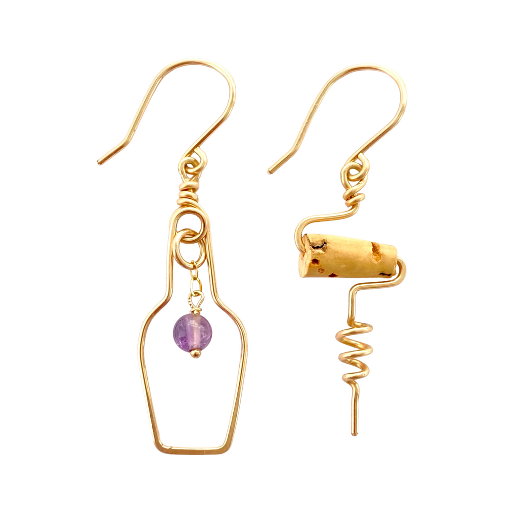 Wine Lovers Earrings with Grape. Wine Bottle Cork Screw Earrings with Real Amethyst. Gold Earrings.