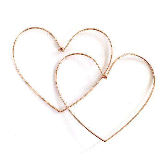 14k Rose Gold Heart Hoop Earrings. 2.5 inch Large Hoop Earrings