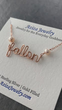 Load and play video in Gallery viewer, Custom Rose Gold Name Necklace W Pink Pearls 14k Personalized Rose Gold Name Necklace with genuine freshwater pearls. Girls Name Necklace

