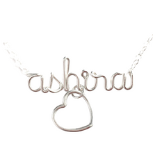 Load image into Gallery viewer, Custom Name Necklace with Heart Charm. Personalized Sterling Silver Name Necklace with large heart. Script Wire Name Necklace. Valentines Day Gift
