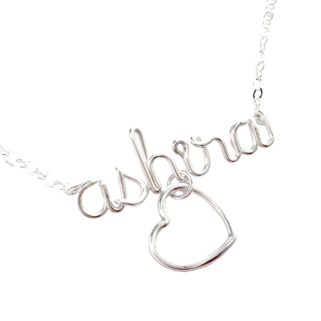 Custom Name Necklace with Heart Charm. Personalized Sterling Silver Name Necklace with large heart. Script Wire Name Necklace. Valentines Day Gift