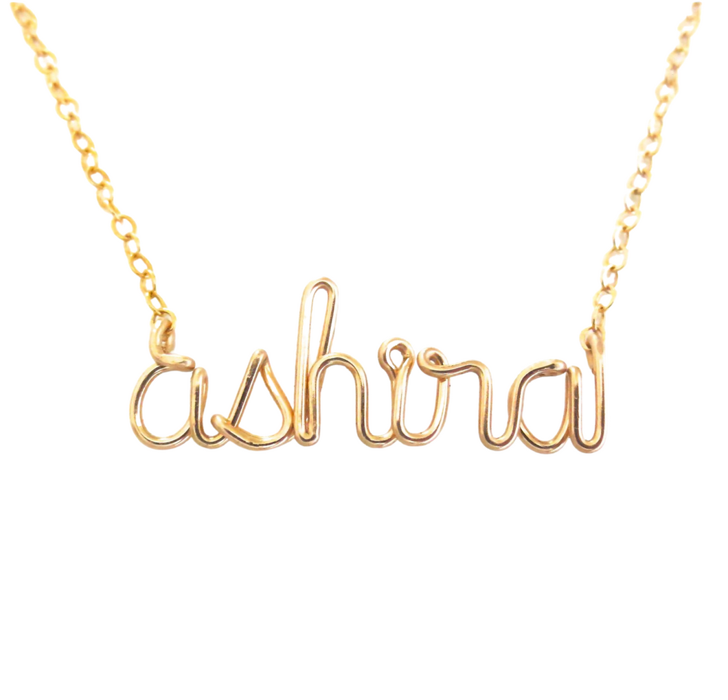 Gold Name Necklace. Lowercase Personalized 14k Gold Script Name Necklace. All lowercase letters custom Wire Name Necklace