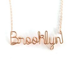 Load image into Gallery viewer, Brooklyn Necklace. Rose Gold Script Brooklyn Wire Necklace. 14k Rose Gold Filled Brooklyn NYC Necklace.
