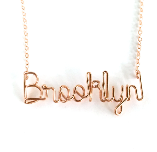Brooklyn Necklace. Rose Gold Script Brooklyn Wire Necklace. 14k Rose Gold Filled Brooklyn NYC Necklace.