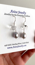 Load and play video in Gallery viewer, Pearl Earrings. Grey freshwater pearl quartz crystal earrings.
