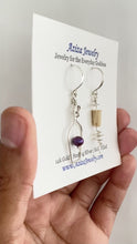 Load and play video in Gallery viewer, Wine Bottle and Cork Screw Sterling Silver Earrings. Wine Lovers Earrings with Purple Grape and real cork. Wine Bottle. Wine Themed Jewelry
