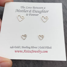 Load and play video in Gallery viewer, Mother Daughter Heart Earrings. 2 Pairs Sterling Silver Heart Studs Set in Medium and Small Earrings. Push Present. Mom to Be Gift
