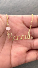 Load and play video in Gallery viewer, Name Necklace with Rose Quartz. Personalized Name Necklace. Custom Script Name Necklace in 14k Gold or Silver
