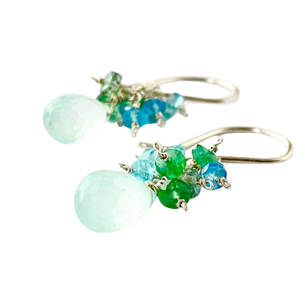 Green Chalcedony Gemstone Earrings. Tourmaline Aquamarine Earrings. Teardrop Blue Green Gemstone Dangle Earrings. Sea Green Silver Earrings