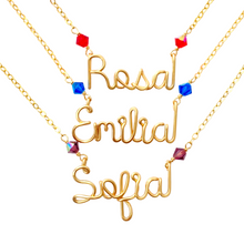 Load image into Gallery viewer, 14k Gold Name Necklace with Swarovski Crystals. Custom Personalized Wire Script Name Necklace
