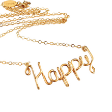 Load image into Gallery viewer, Gold Happy Necklace. 14k Gold Filled Script Wire Happy Necklace. Boho Chic Yoga Inspired Gold Handmade Necklace.
