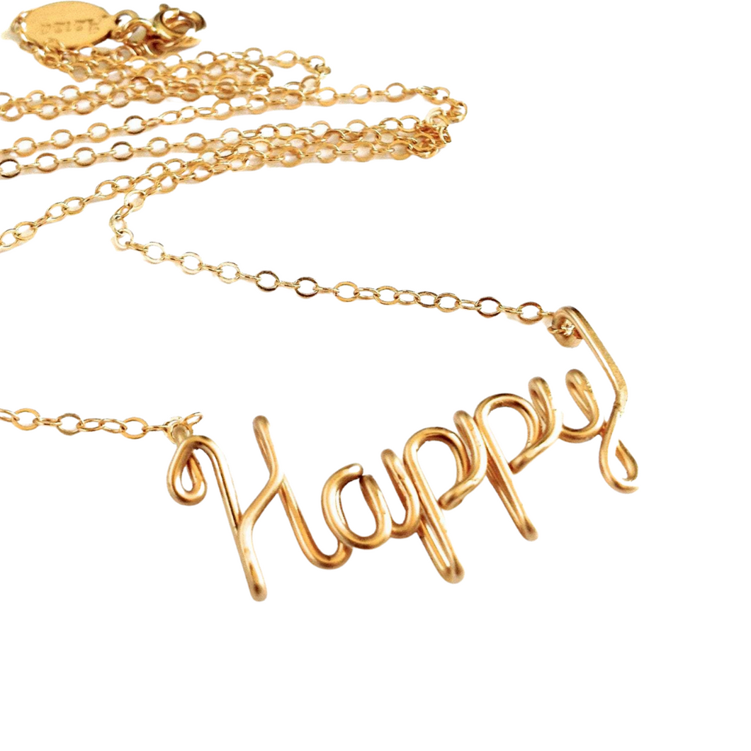 Gold Happy Necklace. 14k Gold Filled Script Wire Happy Necklace. Boho Chic Yoga Inspired Gold Handmade Necklace.