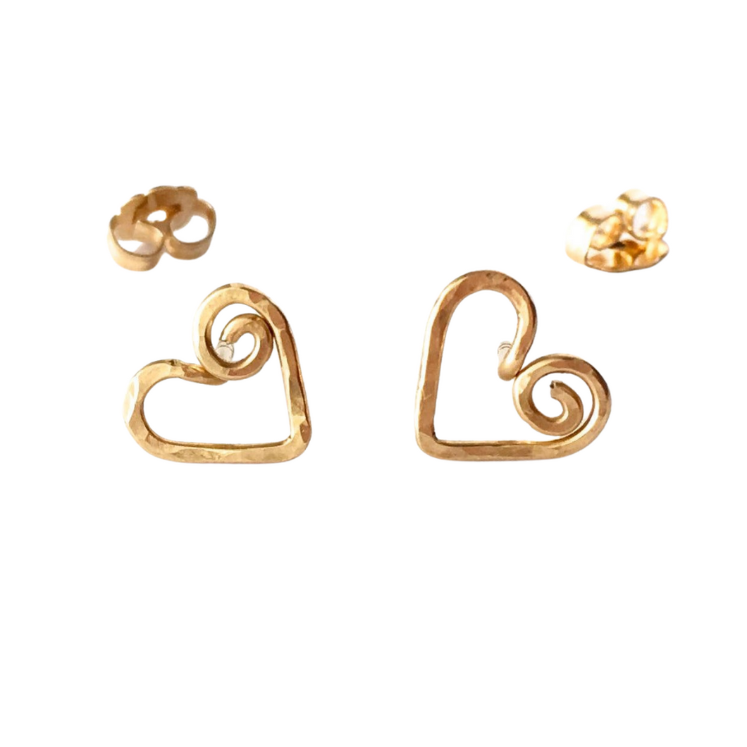 Gold Heart Stud Earrings. Gold Swirly Heart Studs. Spiral Heart Stud Post Earrings.