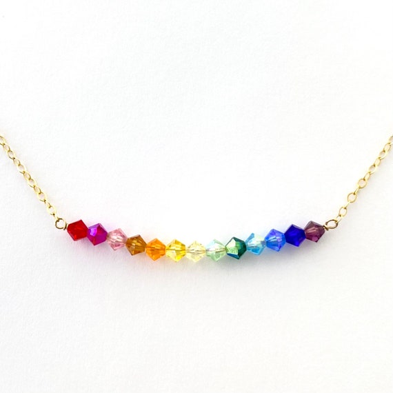 Rainbow Crystal Necklace. Rainbow Crescent Necklace. Colorful Necklace