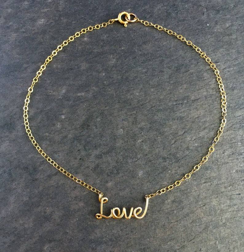 Tiny Love Anklet. 14k Gold Script Love Ankle Bracelet.