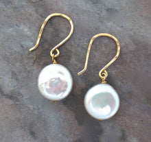 Load image into Gallery viewer, White Pearl Earrings. White coin pearl earrings with gold ear wires.
