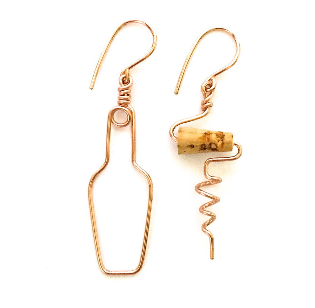 Wine Earrings. Rose Gold Earrings. Wine Bottle and Cork Screw Earrings. Rose Gold Filled Cork Jewelry. Wine Lovers Earrings