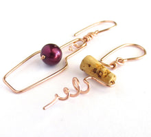 Load image into Gallery viewer, Wine Jewelry. Wine Bottle and Cork Screw Earrings. Rose Gold Earrings. Grape and Cork Jewelry. Wine Lovers Earrings. Red Wine Gift
