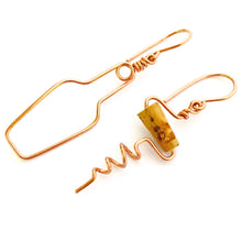 Load image into Gallery viewer, Wine Earrings. Rose Gold Earrings. Wine Bottle and Cork Screw Earrings. Rose Gold Filled Cork Jewelry. Wine Lovers Earrings
