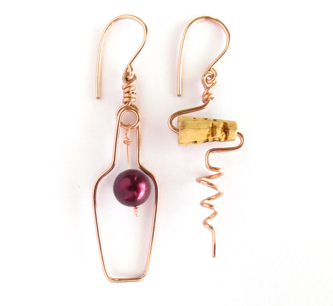 Wine Jewelry. Wine Bottle and Cork Screw Earrings. Rose Gold Earrings. Grape and Cork Jewelry. Wine Lovers Earrings. Red Wine Gift