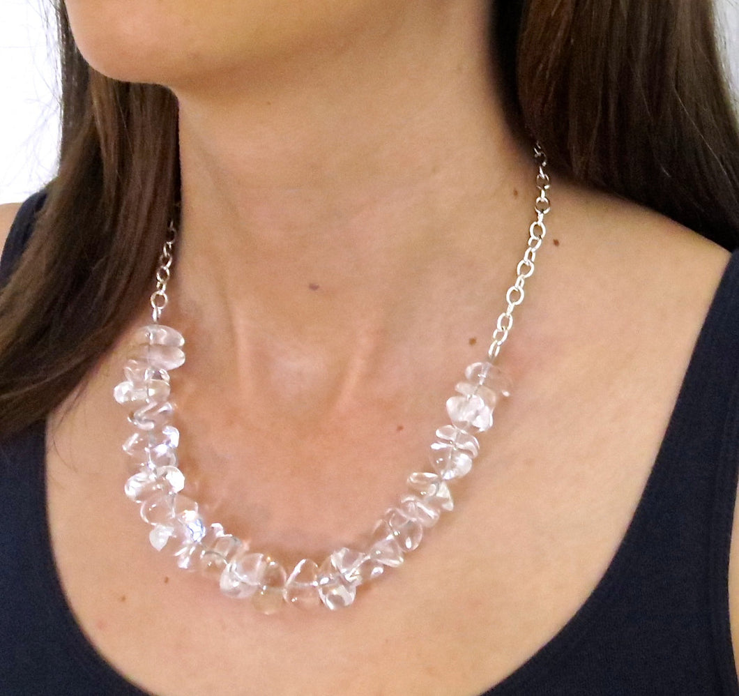 Polished Crystal Sterling Silver Statement Necklace. Clear Crystal Quartz Classy Dressy Bib Statement Necklace