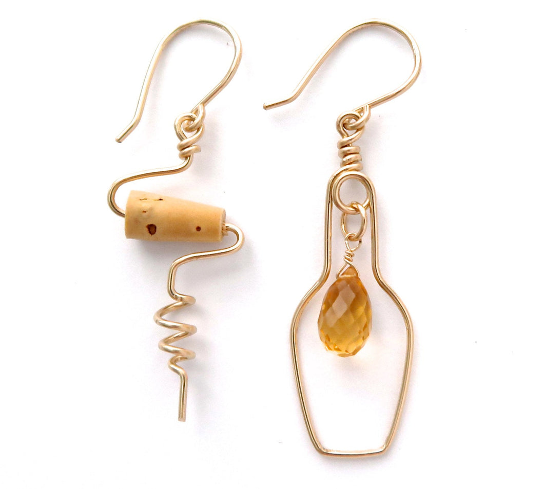 Wine Jewelry. Champagne Lovers Earrings. 14k Gold Champagne Bottle and Cork Screw Earrings with Genuine Citrine.