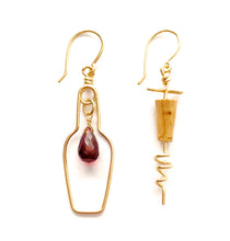 Load image into Gallery viewer, Red Wine Earrings. Wine Bottle Cork Screw Earrings. Red Garnet Wine Lovers 14k Gold Earrings. Red Wine Cork Earrings.
