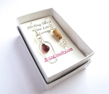 Load image into Gallery viewer, Wine Lovers Earrings. Sterling Silver Garnet Red Wine Bottle and Cork Screw Earrings.
