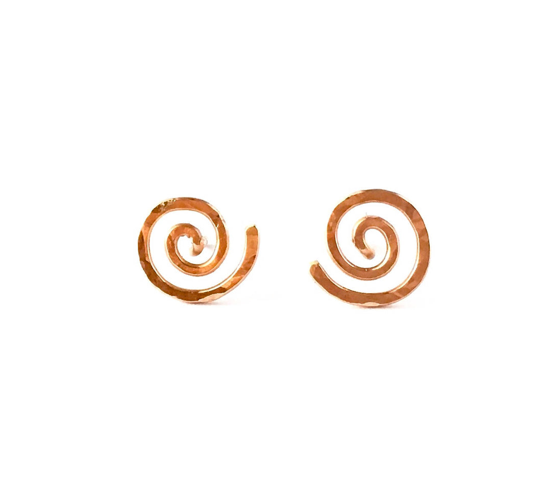 Rose Gold Earrings. 14k Solid Rose Gold Hand Hammered Spiral Studs. Swirly Sun Stud Post Earrings