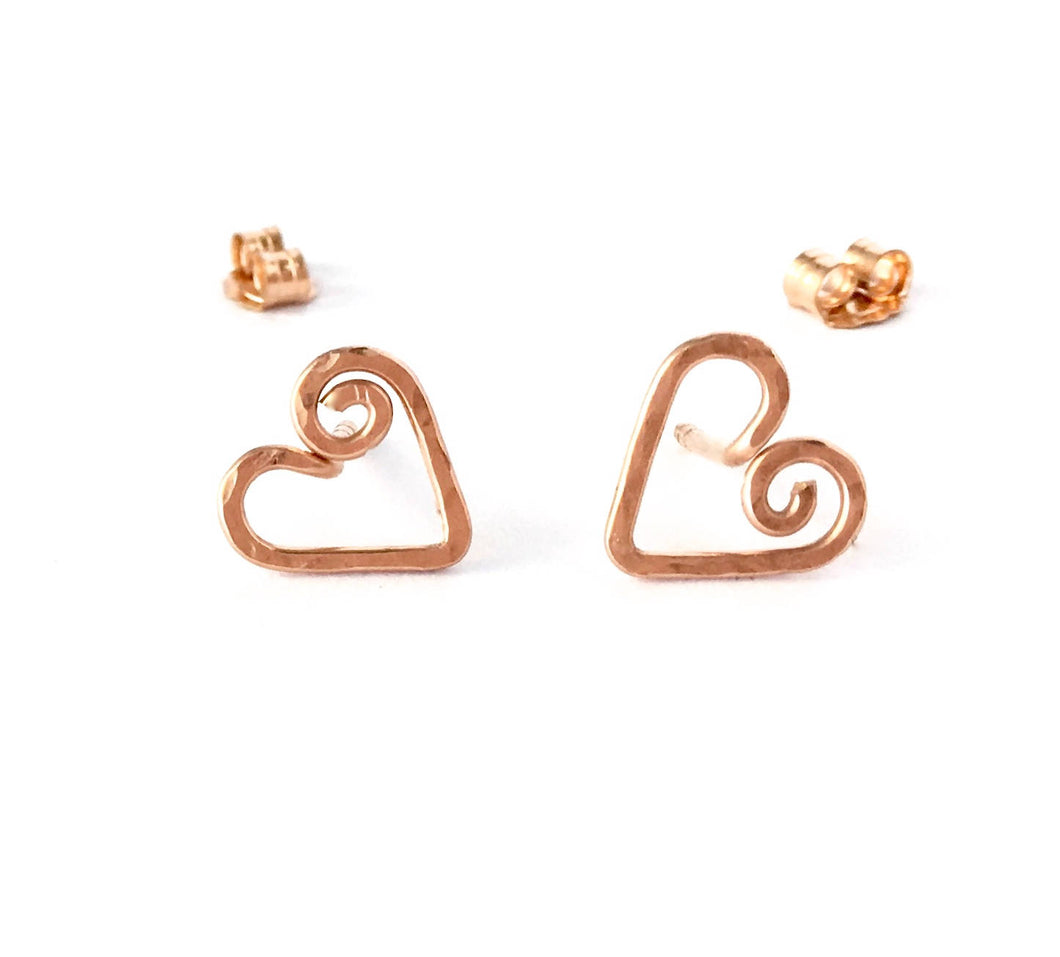 Heart Stud Earrings. Rose Gold Filled Hand Hammered Heart Spiral Swirl Studs. Pink Gold Heart Post Earrings. Small Girl Valentines Day Studs
