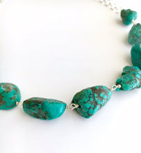 Load image into Gallery viewer, Turquoise Necklace. Raw Blue Green Real Turquoise Sterling Silver Statement Necklace. Real Genuine Turquoise Classy Dressy Necklace
