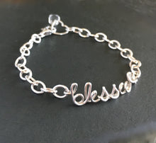 Load image into Gallery viewer, Blessed Bracelet. Sterling Silver Wire Word Script Blessed Bracelet. Lowercase Calligraphy Bracelet. Inspiration Jewelry. Faith Jewelry
