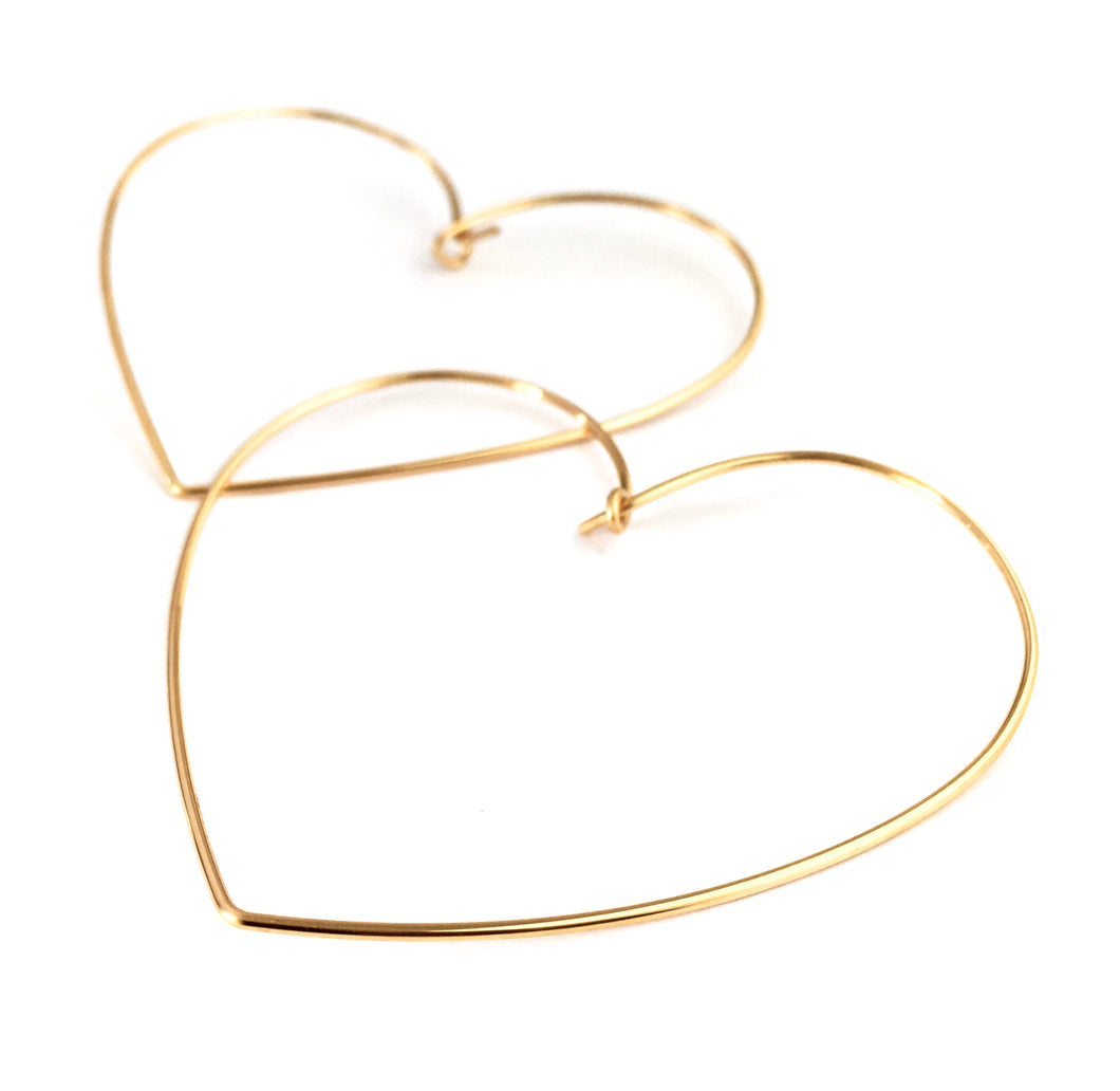 14k Gold Heart Hoop Earrings. Large 2.5 inch Heart Hoops