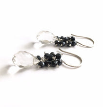 Load image into Gallery viewer, Clear quartz earrings with black spinel gemstones. Sterling silver dangle genuine gemstone earrings.
