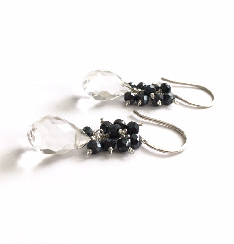 Clear quartz earrings with black spinel gemstones. Sterling silver dangle genuine gemstone earrings.