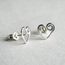 Load image into Gallery viewer, Heart Studs. Sterling Silver Spiral Swirl Hand Hammered Post Style Earrings. Small Girls Sterling Silver Heart Earrings
