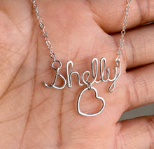 Load image into Gallery viewer, Custom Name Necklace with Heart Charm. Personalized Sterling Silver Name Necklace with large heart. Script Wire Name Necklace. Valentines Day Gift
