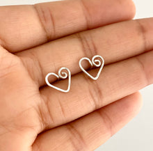 Load image into Gallery viewer, Heart Studs. Sterling Silver Spiral Swirl Hand Hammered Post Style Earrings. Small Girls Sterling Silver Heart Earrings
