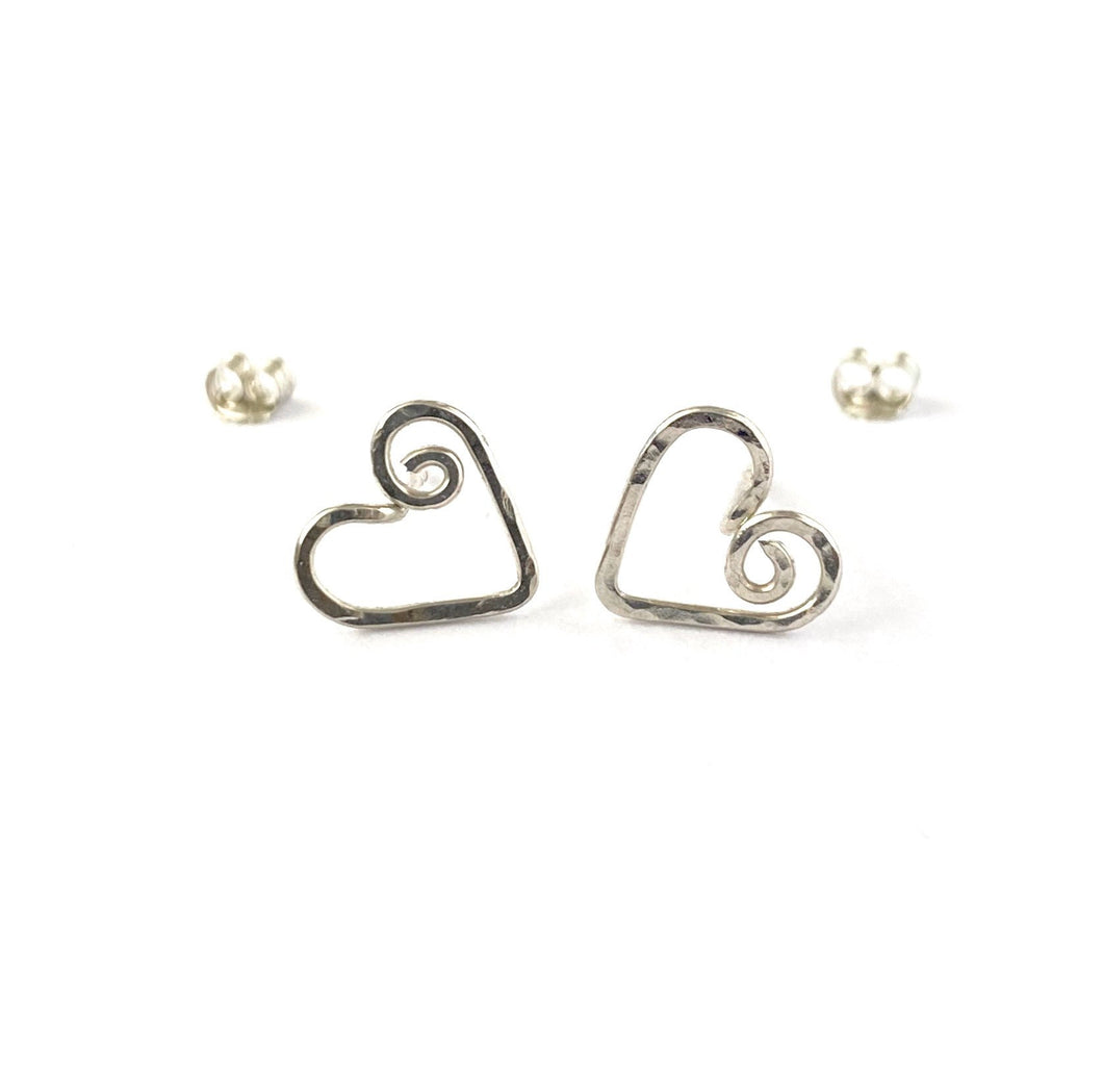 Heart Studs. Sterling Silver Spiral Swirl Hand Hammered Post Style Earrings. Small Girls Sterling Silver Heart Earrings
