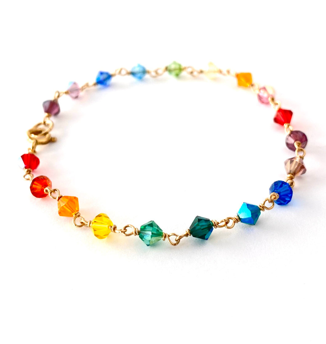 Rainbow Bracelet. Crystals in Rainbow Colors Bracelet 14k Gold Filled Clasp. Colorful Stacking Bracelet. Chakra Jewelry