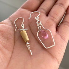 Load image into Gallery viewer, Rosé Wine Earrings. Sterling Silver Pink Rosé Wine Bottle and Cork Screw Earrings. Crystal Earrings

