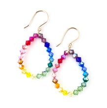 Load image into Gallery viewer, Rainbow Earrings. Crystal Rainbow Hoop Earrings. Colorful Bright Hoops. Diamond Shaped Crystal Earrings.
