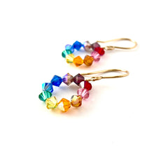 Load image into Gallery viewer, Rainbow Earrings Small. Crystal Rainbow Hoop Earrings. Colorful Bright Hoops. Diamond Shaped Crystal Earrings.
