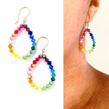 Load image into Gallery viewer, Rainbow Earrings. Crystal Rainbow Hoop Earrings. Colorful Bright Hoops. Diamond Shaped Crystal Earrings.
