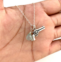Load image into Gallery viewer, Gun Necklace. Gemstone Gun Charm Necklace. Heart Protection Sterling Silver Valentines Day Gift Gun Charm Necklace
