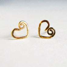 Load image into Gallery viewer, Gold Heart Stud Earrings. Gold Swirly Heart Studs. Spiral Heart Stud Post Earrings.
